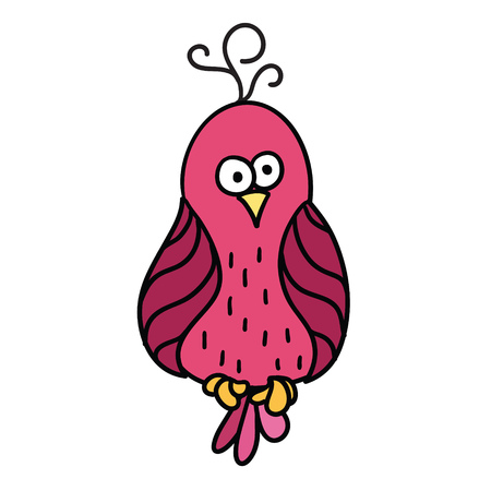 Cute cartoon pink bird with black contour isolated in white background. Parrot. Vector illustration.のイラスト素材