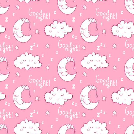 Seamless pattern with cartoon sleeping moon, cloud and star. Good night! Can be used for wallpaper, pattern fills, greeting cards, web page backgrounds, wrapping paper or fabric.のイラスト素材