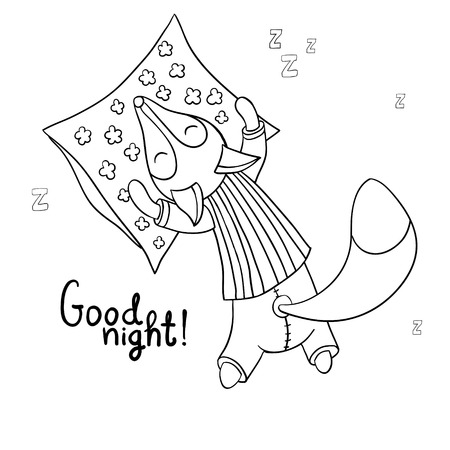 Cute cartoon sleeping fox in striped pajamas with pillow isolated on white background. Good night!のイラスト素材
