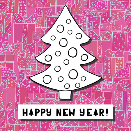 Cute greeting card with cartoon firtree on unusual background with gifts. Happy new year. Merry christmas.  illustration.のイラスト素材