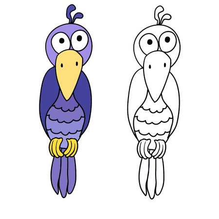 Cute cartoon bird with black contour isolated in white background. Vector illustration. Can be used for colouring.のイラスト素材