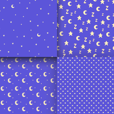 Set of seamless patterns with cartoon stars and moon on blue background. Can be used for wallpaper, pattern fills, greeting cards, webpage backgrounds, wrapping paper or fabric.のイラスト素材