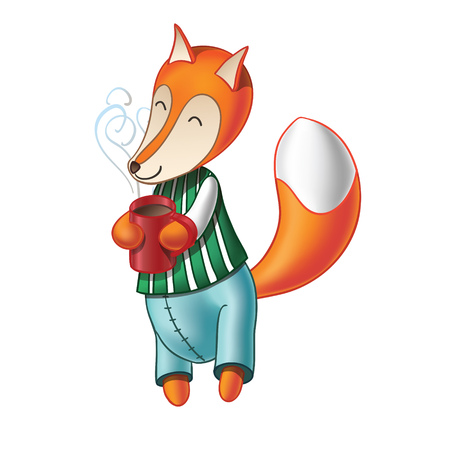 Cute cartoon fox in striped pajamas drinking coffee and isolated on white backgroundのイラスト素材
