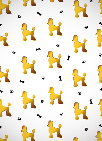 Vertical card. Seamless pattern with cute cartoon gold dog silhouettes. Breed poodle. Vector illustration. Good for greeting cards, surface design, wrapping paper, handmade, decoupage, wallpapers, textile.  のイラスト素材