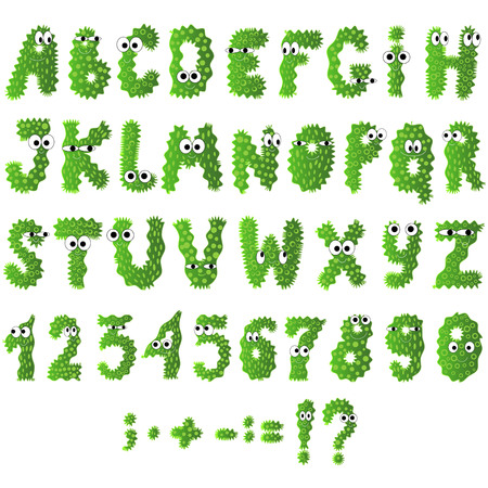 Cartoon flat monsters alphabet icons. Green bacteria and microbes isolated on white. Vector.のイラスト素材