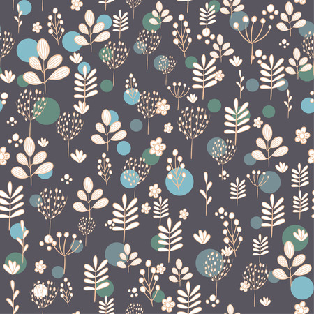 Seamless pattern with light silhouettes of flowers and plants on dark background. Hand drawn floral illustration. Vector herbal ornamentのイラスト素材