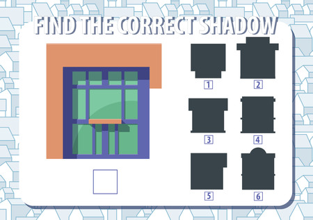 Game for kids. Find the correct shadow of kiosk. Horizontal, album orientation. Urban background with houses. Vector. のイラスト素材