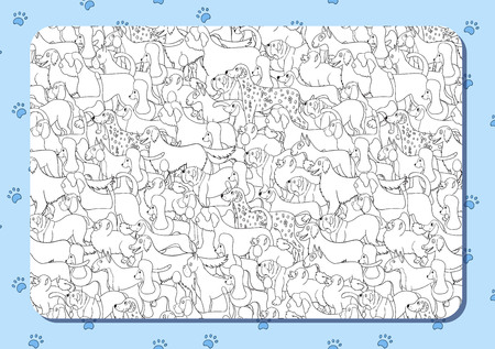 Coloring book with cute cartoon dogs. Different breeds. Background with paws. Horizontal album orientation. Vector.のイラスト素材