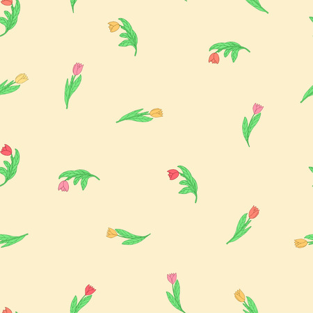 Seamless pattern with cute small cartoon colored flowers, tulips on yellow background. Good for pattern fills, surface design, textile, fabric, manufacturing, wrapping paper, backdrops, wallpapers and covers. Vector illustration. のイラスト素材