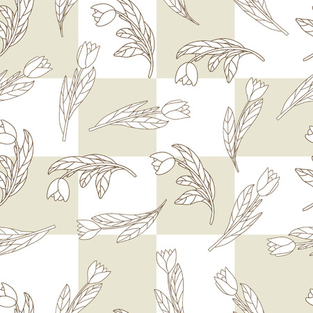Seamless pattern with cute cartoon  flowers, tulips on checkered background. Good for pattern fills, surface design, textile, fabric, manufacturing, wrapping paper, backdrops, wallpapers and covers. Vector contour illustration. のイラスト素材