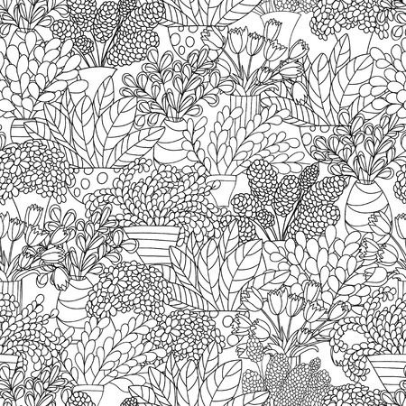 Seamless pattern with cute cartoon plants and flowers in pots. White background. Good for pattern fills, surface design, textile, fabric, manufacturing, wrapping paper, backdrops, wallpapers and covers. Vector contour illustration. のイラスト素材