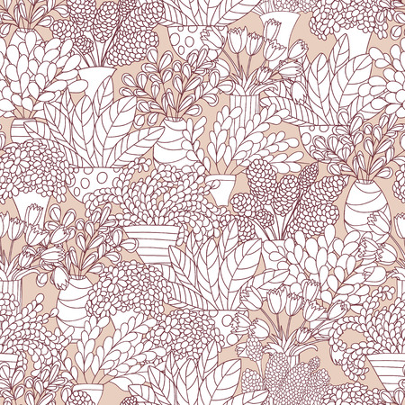 Seamless pattern with cute cartoon plants and flowers in pots. Good for pattern fills, surface design, textile, fabric, manufacturing, wrapping paper, backdrops, wallpapers and covers. Vector contour illustration. のイラスト素材
