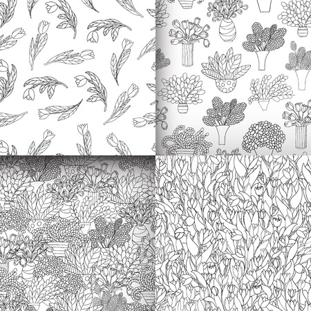 Seamless pattern with cute cartoon plants and flowers in pots and tulips. White background. Good for pattern fills, surface design, textile, fabric, manufacturing, wrapping paper, backdrops, wallpapers and covers. Vector contour illustration. のイラスト素材