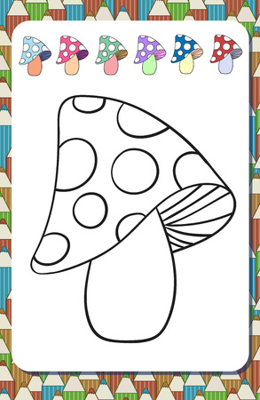 Page of coloring book with contour cartoon mushroom and colored examples. Cute multicolored background with pencils. Vector.のイラスト素材