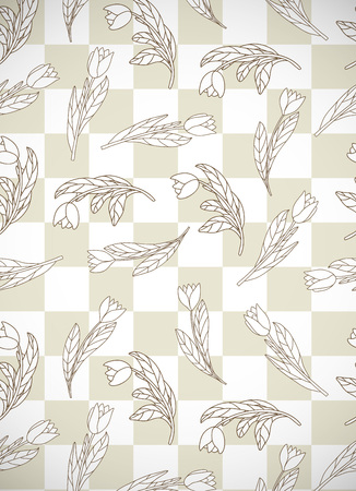 Vertical card with cute cartoon  flowers, tulips on checkered background. Good for pattern fills, surface design, textile, fabric, manufacturing, wrapping paper, backdrops, wallpapers and covers. Vector contour illustration.のイラスト素材