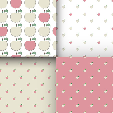 Set of seamless patterns with cartoon pink apples. Good for surface design, textile, fabric, wrapping paper, pattern fills, backgrounds and wallpapers. Vector illustration.のイラスト素材