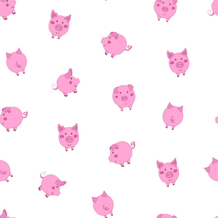Seamless pattern with cute cartoon small pink pigs on white background. Vector illustration.のイラスト素材