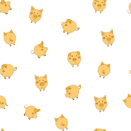 Seamless pattern with cute cartoon small yellow pigs on white background. Vector illustration.のイラスト素材