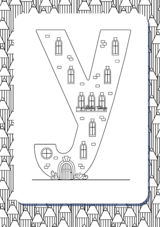 Cartoon letter Y drawn in the shape of house. Isolated on white. Vertical portrait page for coloring book. Vector illustration. Cute background with pencils. English abc. Building font. Architectural type. Latin alphabet.のイラスト素材