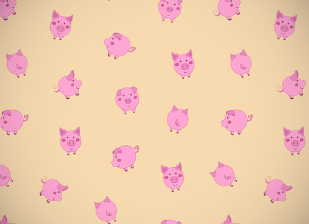 Horizontal greeting card with cute cartoon pink pigs, apples and acorns on yellow. Vector illustration. Album orientation.のイラスト素材