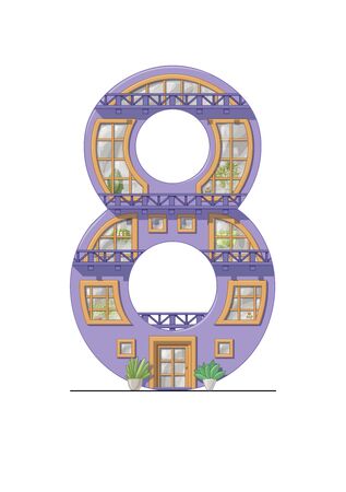 Number 8 house isolated on white background. Vertical portrait A4 page. Printable.のイラスト素材