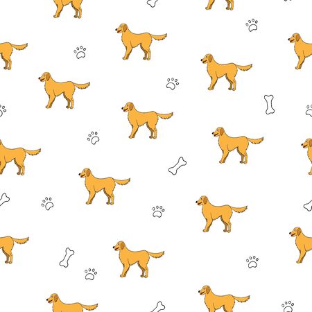 Seamless pattern with cartoon labrador retriever dog, bones and pawsのイラスト素材