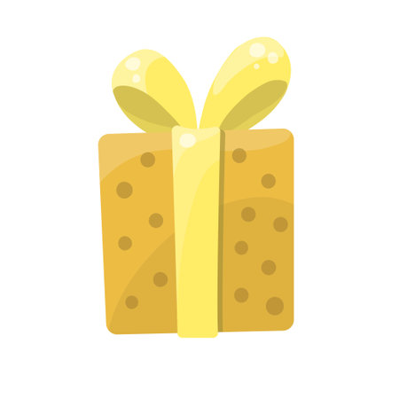 Cartoon yellow present box with bow abd polka dot pattern. Vector illustration.のイラスト素材