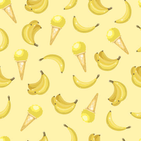 Vector seamless fruit kids background. Abstract geometric pattern with bananas and yellow ice cream in waffle cone. Textile fabric printのイラスト素材