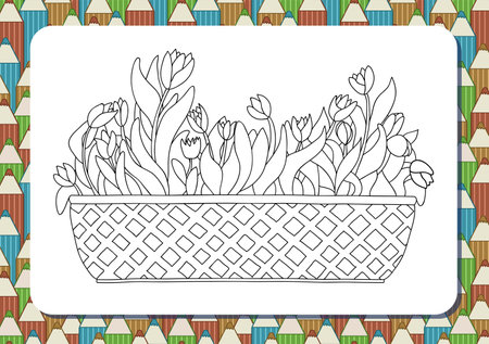 Cute cartoon flowers in basket. Tulips. Isolated on white background. Vector illustration. Can be used for coloring books. Printable a4 portrait page. Vertical orientation. Background with pencilsのイラスト素材