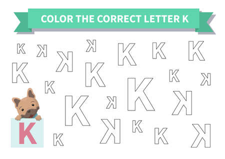 Printable game. Worksheet for kids. Exercise about letter reversals. Color the correct letter K. French bulldog, Page a4, Vector.のイラスト素材