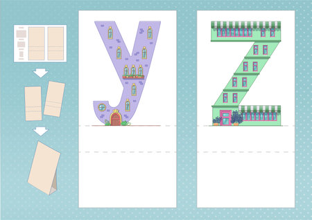 Study English alphabet. Letter Y, Z in house shape. Printable worksheet. Print, cut, fold, play. Horizontal lanscape pageのイラスト素材