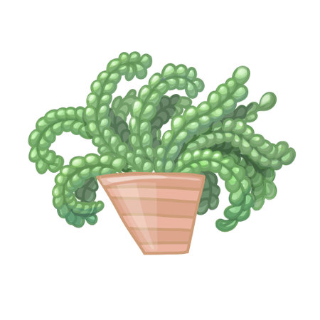 Cartoon green plant in striped pot. Vector illustration isolated on white backgroundのイラスト素材