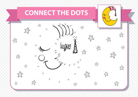 Cute cartoon sleeping crescent. Dot to dot educational game for kids. Printable worksheet. A4 landscape page. Good nightのイラスト素材