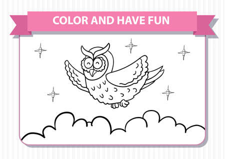 Coloring book for children. Printable a4 page. Horizontal landscape orientation. Owl, clouds, good, night. Background with cloudsのイラスト素材