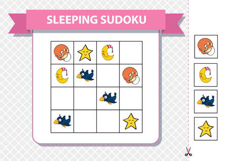 Printable sudoku game for children with pictures. Kids activity sheet. Training logic, educational game. Fox, crow crescent. Vectorのイラスト素材