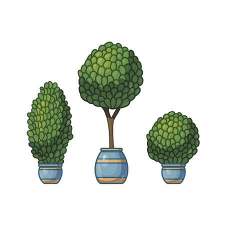Set of decorative trimmed plants in pot isolated on white background.のイラスト素材