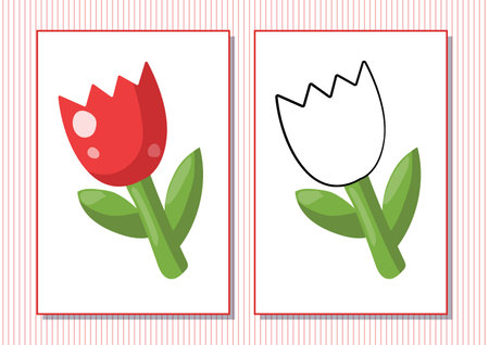 Printable worksheet. Coloring book. Cute cartoon flower tulip. Vector illustration. Horizontal A4 page Color redのイラスト素材