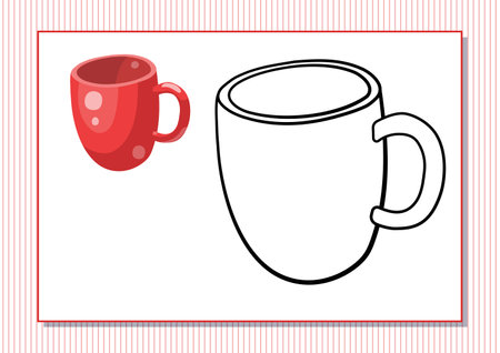 Printable worksheet. Coloring book. Cute cartoon cup. Vector illustration. Horizontal A4 page Color redのイラスト素材
