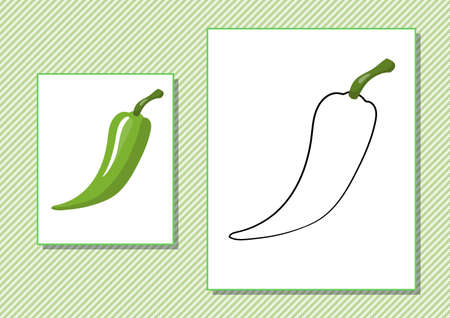 Printable worksheet. Coloring book. Cute cartoon pepper. Vector illustration. Horizontal A4 page Color greenのイラスト素材
