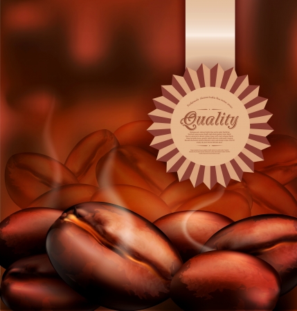 Vector romantic background with coffee beans close-up and a label of qualityのイラスト素材