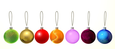 Seven multi-colored Christmas balls with stringsの写真素材
