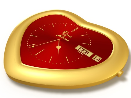 golden watch in the shape of a heart with a calendar on a red clock faceの写真素材