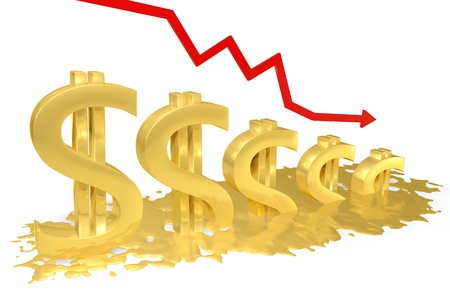 Gold dollar sign melting into a puddle, the red graph is reducedの写真素材