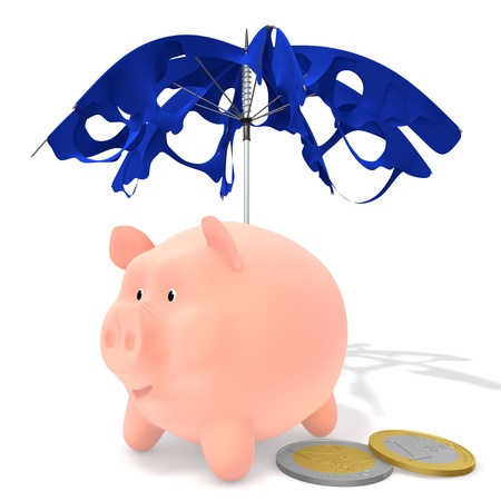 Piggy under the tattered umbrella and coins on a white backgroundの写真素材