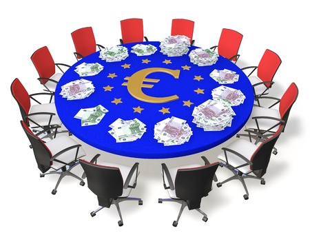  Chairs around the table with the symbol of the euro and banknotesの写真素材