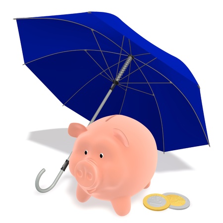 Piggy under a blue umbrella and euro coinsの写真素材