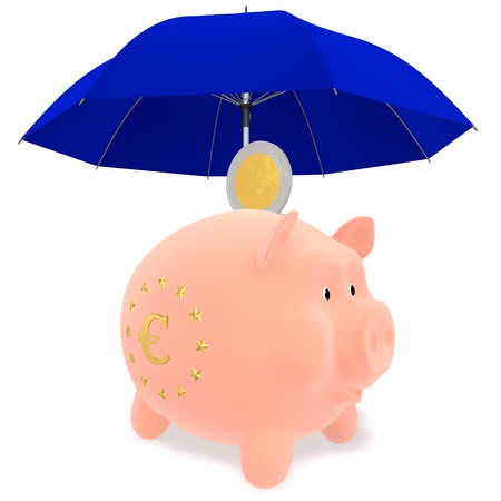 Piggy with the symbol of the European Union under a blue umbrella and euro coinsの写真素材