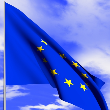 Flag of the European Union is flying in the skyの写真素材