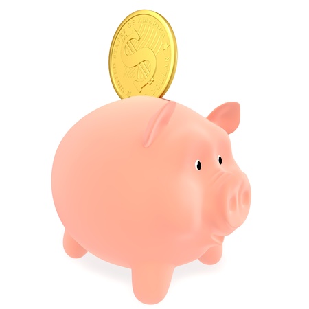 Pink piggy bank and coin dollar on a white backgroundの写真素材