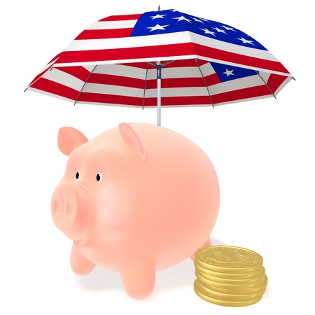 Piggy Bank and Ñoins dollar under a striped umbrella on a white backgroundの写真素材